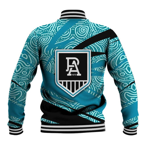 Port Adelaide Australian Football Baseball Jacket Power Hero Mascot With Indigenous Pattern Art