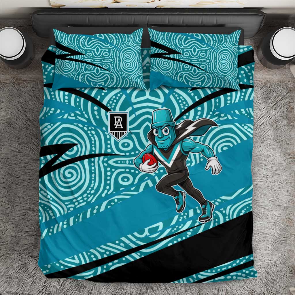 Port Adelaide Australian Football Bedding Set Power Hero Mascot With Indigenous Pattern Art