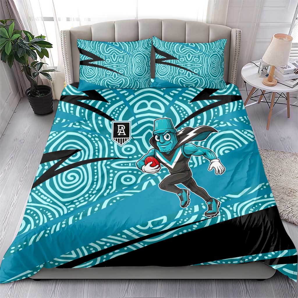 Port Adelaide Australian Football Bedding Set Power Hero Mascot With Indigenous Pattern Art