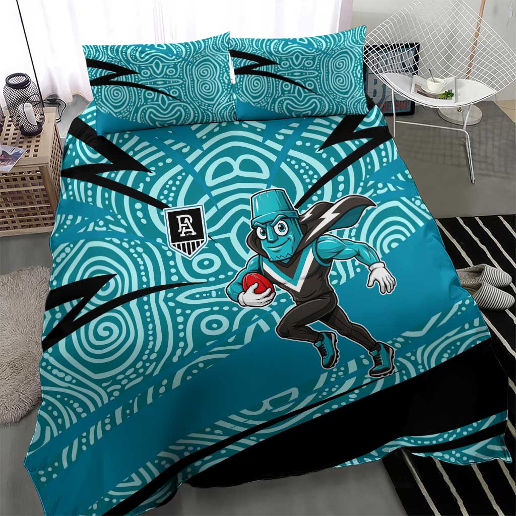 Port Adelaide Australian Football Bedding Set Power Hero Mascot With Indigenous Pattern Art