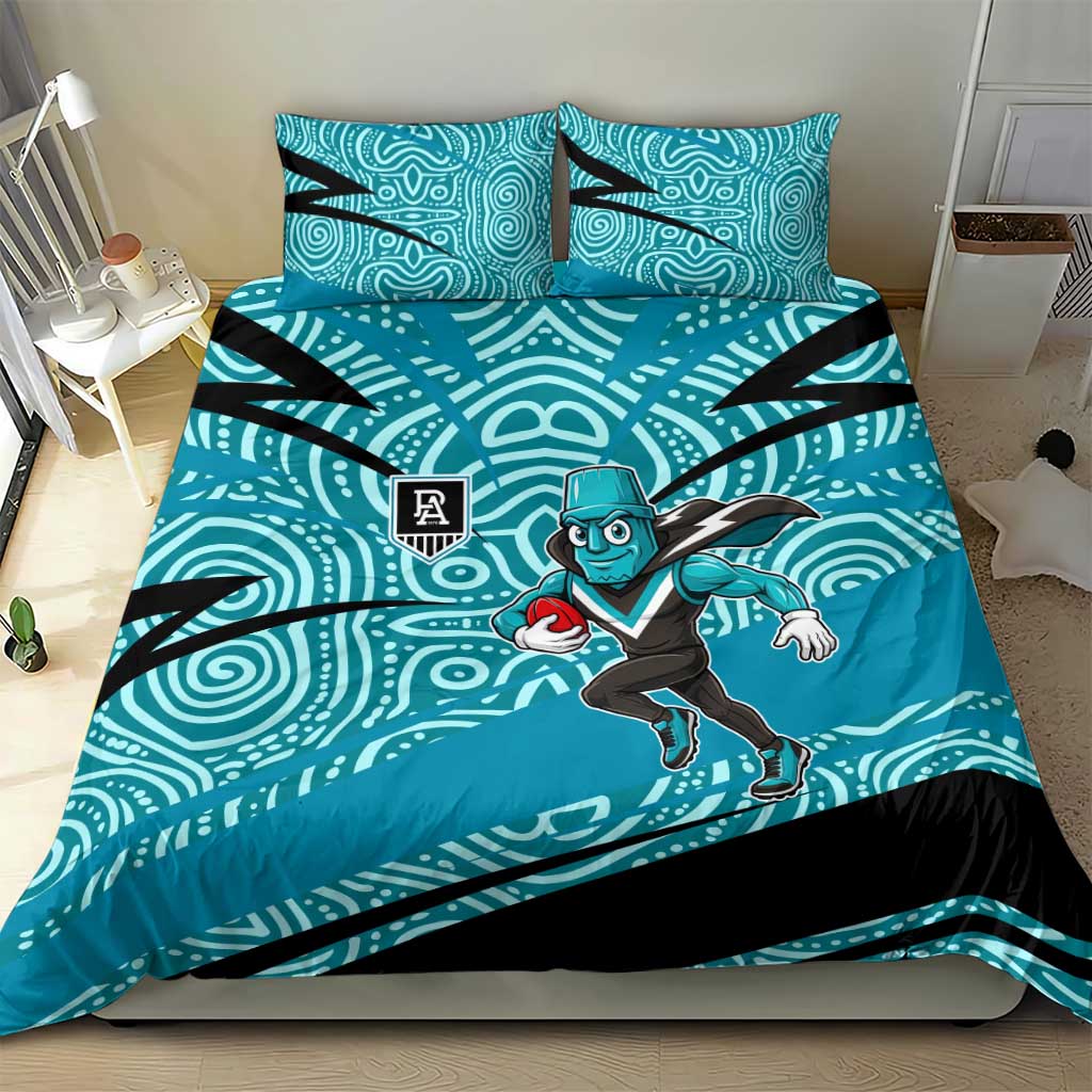 Port Adelaide Australian Football Bedding Set Power Hero Mascot With Indigenous Pattern Art