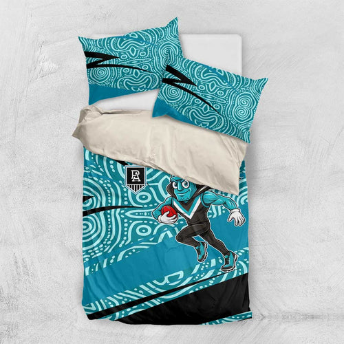 Port Adelaide Australian Football Bedding Set Power Hero Mascot With Indigenous Pattern Art