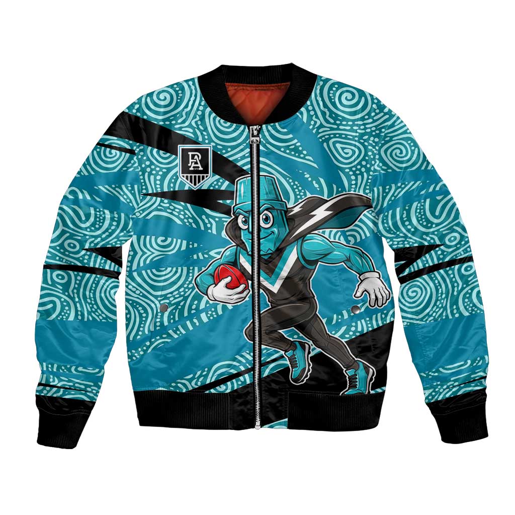 Port Adelaide Australian Football Bomber Jacket Power Hero Mascot With Indigenous Pattern Art