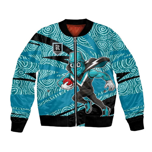 Port Adelaide Australian Football Bomber Jacket Power Hero Mascot With Indigenous Pattern Art