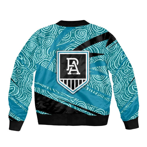 Port Adelaide Australian Football Bomber Jacket Power Hero Mascot With Indigenous Pattern Art