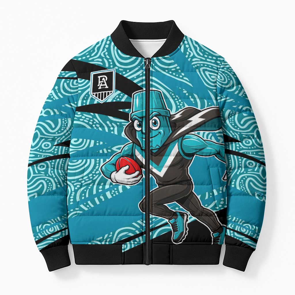 Port Adelaide Australian Football Bomber Puffer Jacket Power Hero Mascot With Indigenous Pattern Art