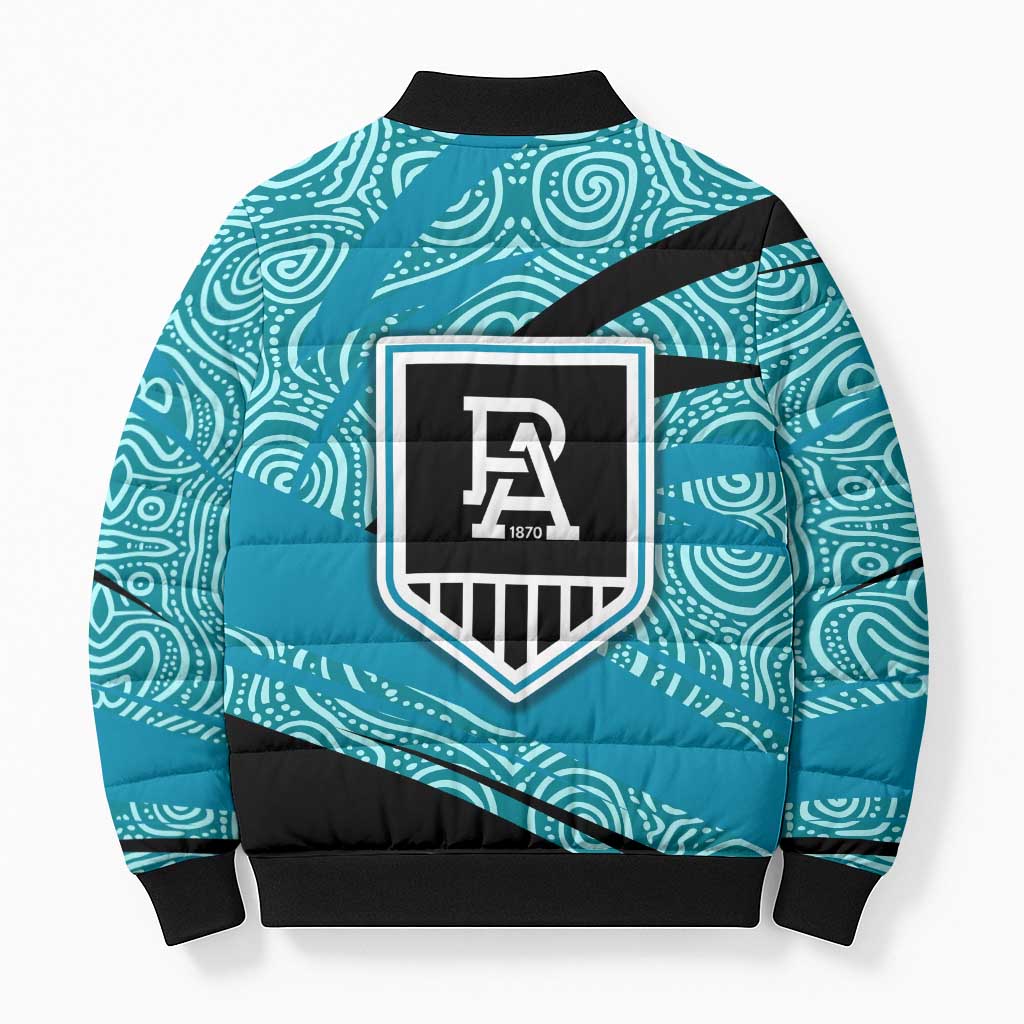 Port Adelaide Australian Football Bomber Puffer Jacket Power Hero Mascot With Indigenous Pattern Art