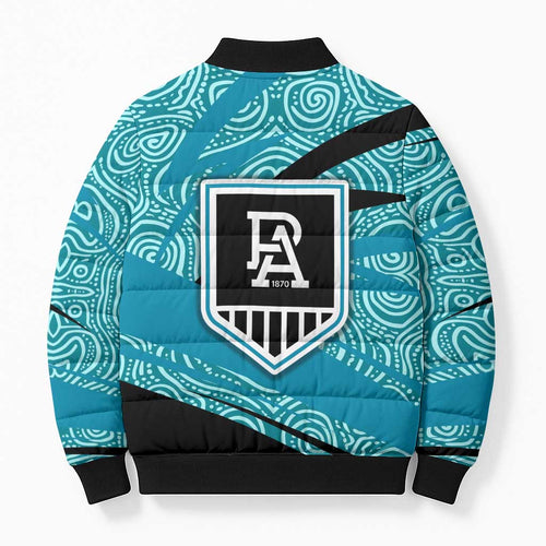 Port Adelaide Australian Football Bomber Puffer Jacket Power Hero Mascot With Indigenous Pattern Art