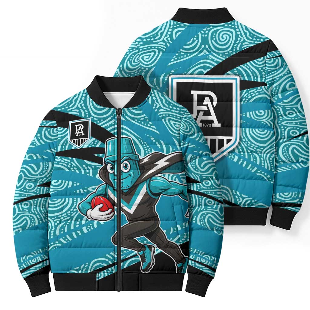 Port Adelaide Australian Football Bomber Puffer Jacket Power Hero Mascot With Indigenous Pattern Art