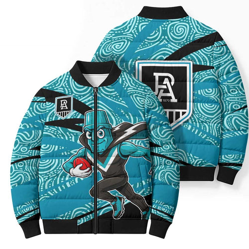 Port Adelaide Australian Football Bomber Puffer Jacket Power Hero Mascot With Indigenous Pattern Art