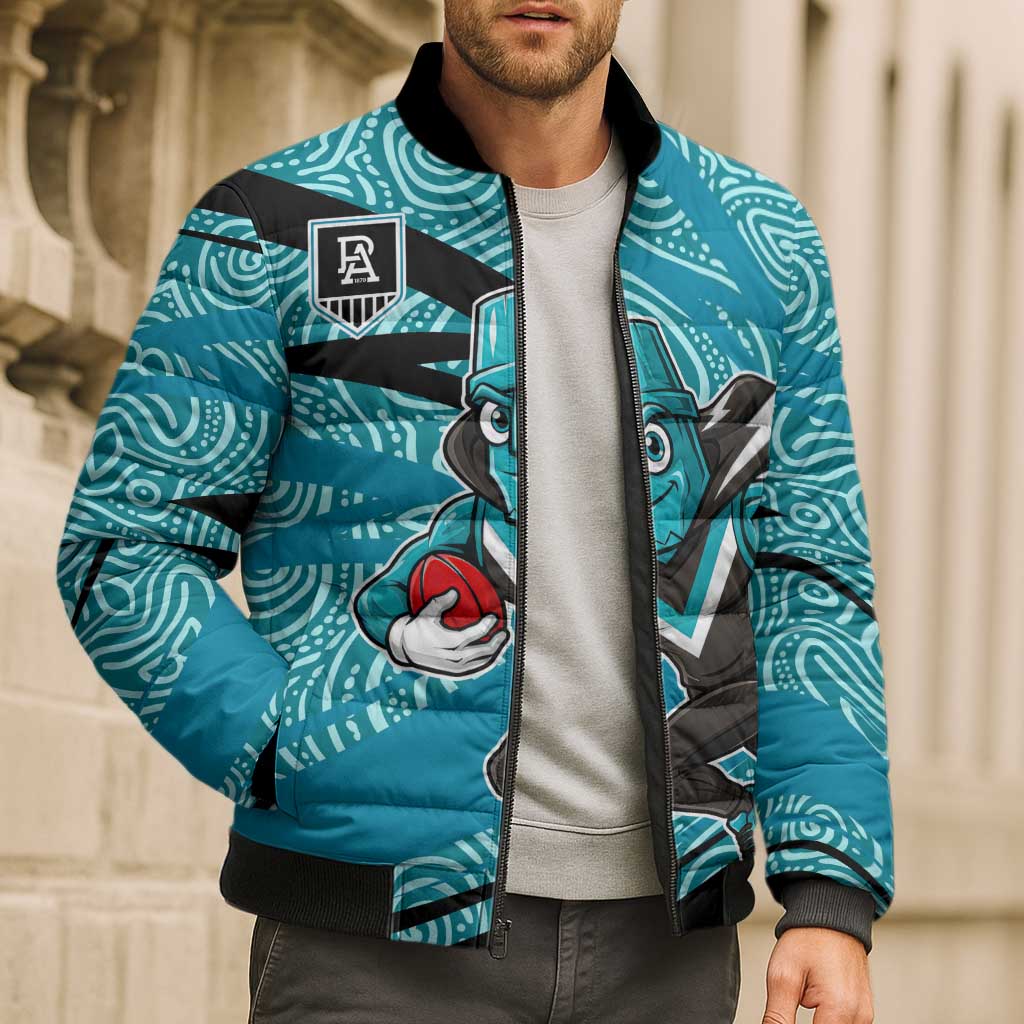 Port Adelaide Australian Football Bomber Puffer Jacket Power Hero Mascot With Indigenous Pattern Art