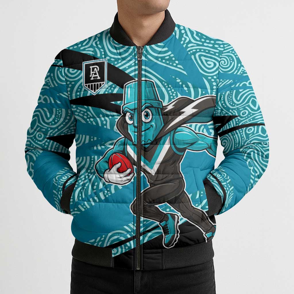 Port Adelaide Australian Football Bomber Puffer Jacket Power Hero Mascot With Indigenous Pattern Art