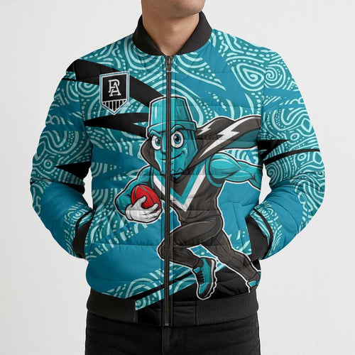 Port Adelaide Australian Football Bomber Puffer Jacket Power Hero Mascot With Indigenous Pattern Art