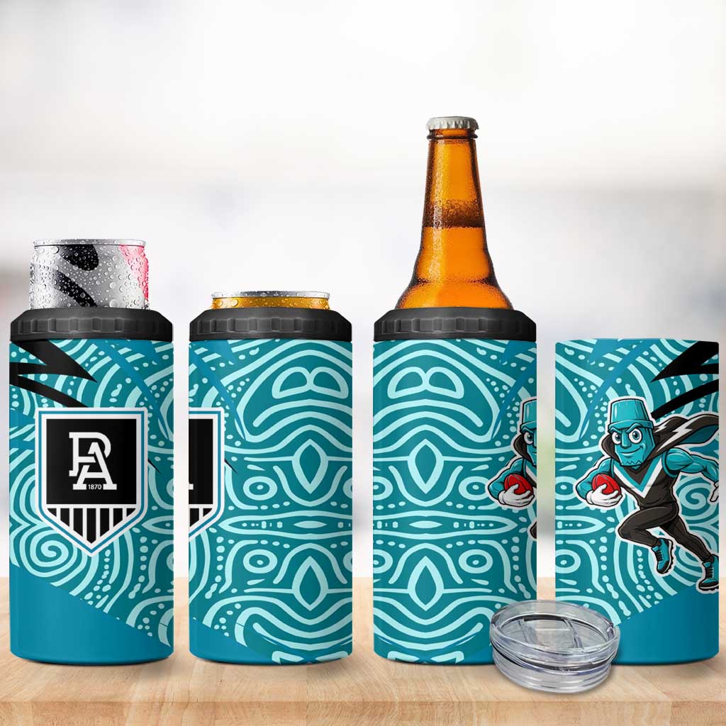 Port Adelaide Australian Football 4 in 1 Can Cooler Tumbler Power Hero Mascot With Indigenous Pattern Art