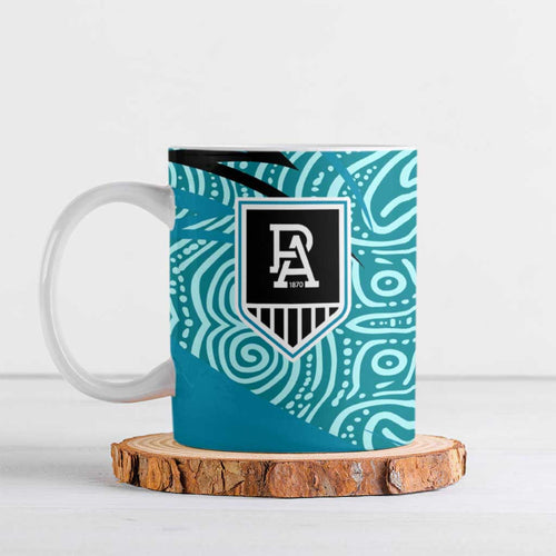 Port Adelaide Australian Football Ceramic Mug Power Hero Mascot With Indigenous Pattern Art
