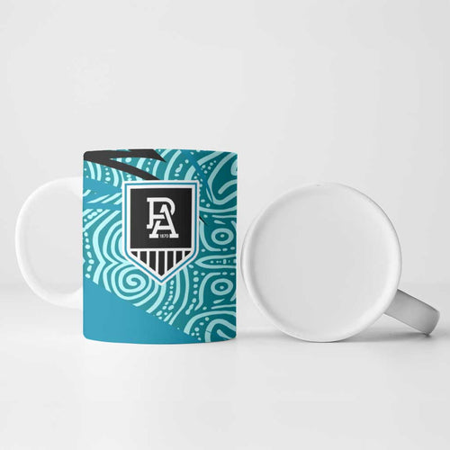 Port Adelaide Australian Football Ceramic Mug Power Hero Mascot With Indigenous Pattern Art