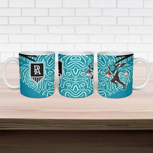 Port Adelaide Australian Football Ceramic Mug Power Hero Mascot With Indigenous Pattern Art