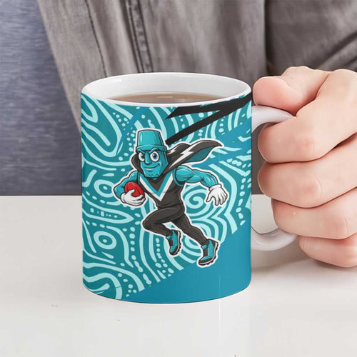 Port Adelaide Australian Football Ceramic Mug Power Hero Mascot With Indigenous Pattern Art