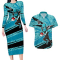 Port Adelaide Australian Football Couples Matching Long Sleeve Bodycon Dress and Hawaiian Shirt Power Hero Mascot With Indigenous Pattern Art