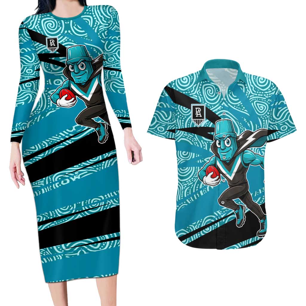 Port Adelaide Australian Football Couples Matching Long Sleeve Bodycon Dress and Hawaiian Shirt Power Hero Mascot With Indigenous Pattern Art