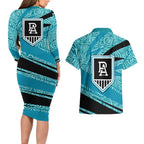 Port Adelaide Australian Football Couples Matching Long Sleeve Bodycon Dress and Hawaiian Shirt Power Hero Mascot With Indigenous Pattern Art