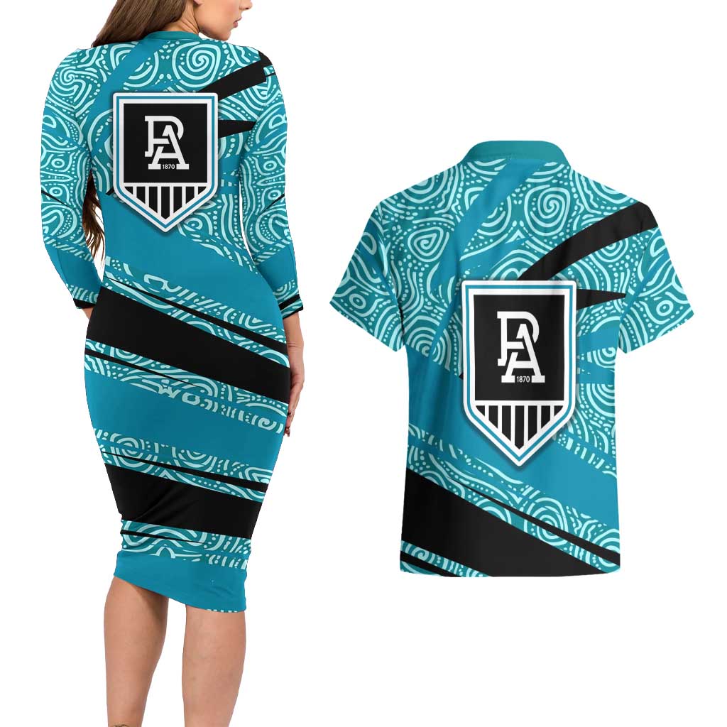 Port Adelaide Australian Football Couples Matching Long Sleeve Bodycon Dress and Hawaiian Shirt Power Hero Mascot With Indigenous Pattern Art