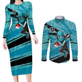 Port Adelaide Australian Football Couples Matching Long Sleeve Bodycon Dress and Long Sleeve Button Shirt Power Hero Mascot With Indigenous Pattern Art