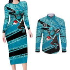 Port Adelaide Australian Football Couples Matching Long Sleeve Bodycon Dress and Long Sleeve Button Shirt Power Hero Mascot With Indigenous Pattern Art