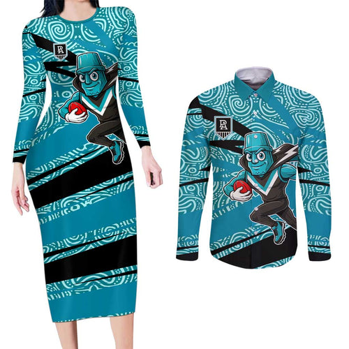Port Adelaide Australian Football Couples Matching Long Sleeve Bodycon Dress and Long Sleeve Button Shirt Power Hero Mascot With Indigenous Pattern Art