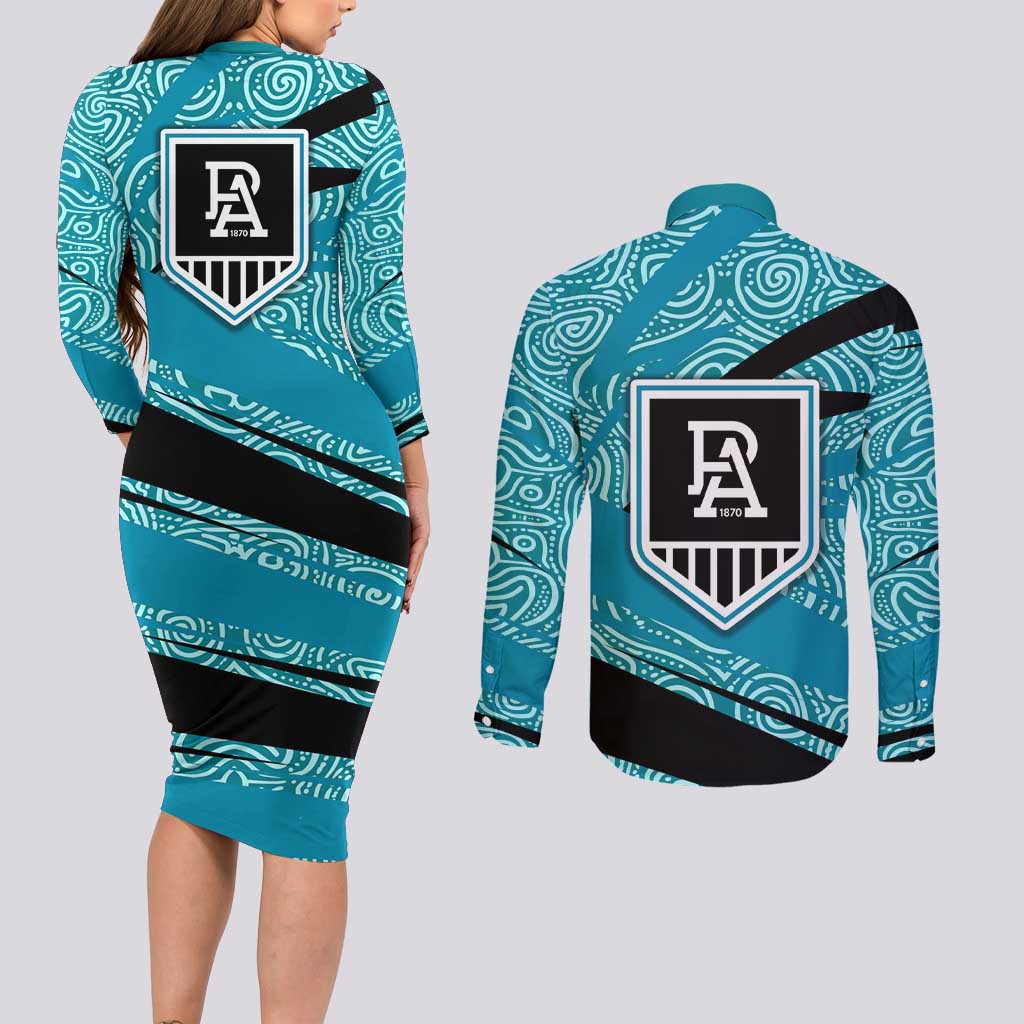 Port Adelaide Australian Football Couples Matching Long Sleeve Bodycon Dress and Long Sleeve Button Shirt Power Hero Mascot With Indigenous Pattern Art