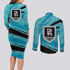 Port Adelaide Australian Football Couples Matching Long Sleeve Bodycon Dress and Long Sleeve Button Shirt Power Hero Mascot With Indigenous Pattern Art