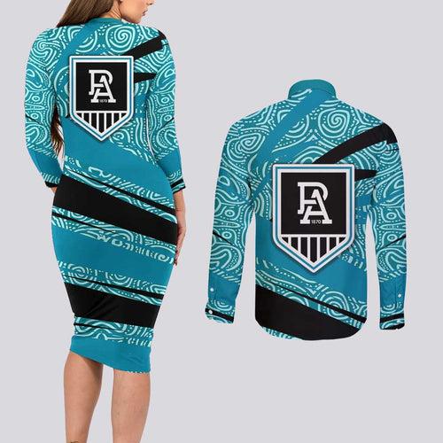 Port Adelaide Australian Football Couples Matching Long Sleeve Bodycon Dress and Long Sleeve Button Shirt Power Hero Mascot With Indigenous Pattern Art