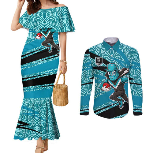 Port Adelaide Australian Football Couples Matching Mermaid Dress and Long Sleeve Button Shirt Power Hero Mascot With Indigenous Pattern Art