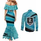 Port Adelaide Australian Football Couples Matching Mermaid Dress and Long Sleeve Button Shirt Power Hero Mascot With Indigenous Pattern Art