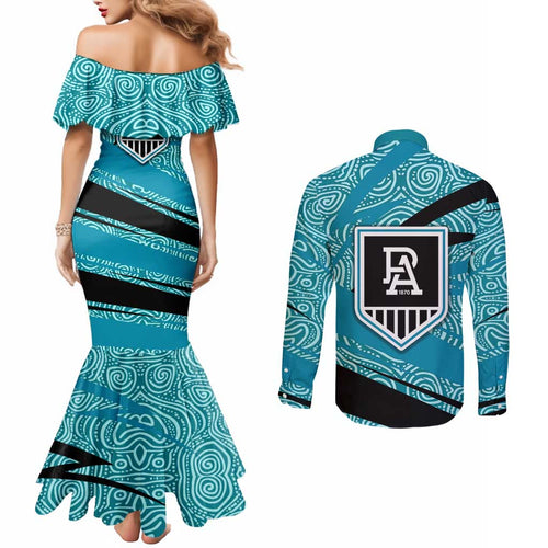 Port Adelaide Australian Football Couples Matching Mermaid Dress and Long Sleeve Button Shirt Power Hero Mascot With Indigenous Pattern Art