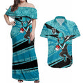 Port Adelaide Australian Football Couples Matching Off Shoulder Maxi Dress and Hawaiian Shirt Power Hero Mascot With Indigenous Pattern Art
