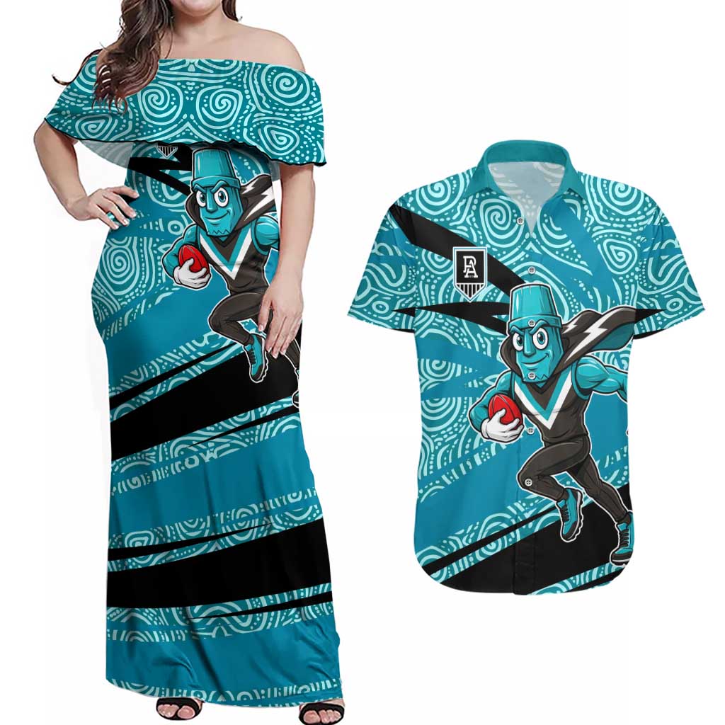 Port Adelaide Australian Football Couples Matching Off Shoulder Maxi Dress and Hawaiian Shirt Power Hero Mascot With Indigenous Pattern Art