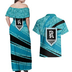 Port Adelaide Australian Football Couples Matching Off Shoulder Maxi Dress and Hawaiian Shirt Power Hero Mascot With Indigenous Pattern Art