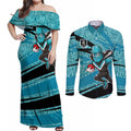 Port Adelaide Australian Football Couples Matching Off Shoulder Maxi Dress and Long Sleeve Button Shirt Power Hero Mascot With Indigenous Pattern Art