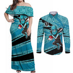 Port Adelaide Australian Football Couples Matching Off Shoulder Maxi Dress and Long Sleeve Button Shirt Power Hero Mascot With Indigenous Pattern Art