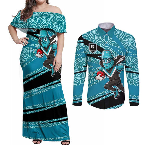 Port Adelaide Australian Football Couples Matching Off Shoulder Maxi Dress and Long Sleeve Button Shirt Power Hero Mascot With Indigenous Pattern Art