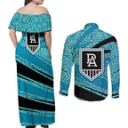 Port Adelaide Australian Football Couples Matching Off Shoulder Maxi Dress and Long Sleeve Button Shirt Power Hero Mascot With Indigenous Pattern Art