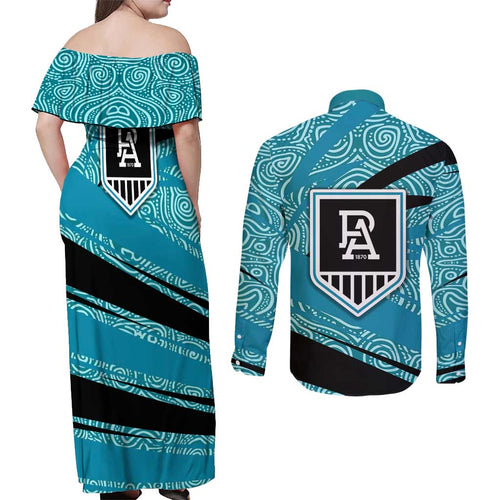 Port Adelaide Australian Football Couples Matching Off Shoulder Maxi Dress and Long Sleeve Button Shirt Power Hero Mascot With Indigenous Pattern Art