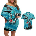 Port Adelaide Australian Football Couples Matching Off Shoulder Short Dress and Hawaiian Shirt Power Hero Mascot With Indigenous Pattern Art