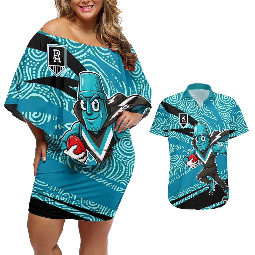 Port Adelaide Australian Football Couples Matching Off Shoulder Short Dress and Hawaiian Shirt Power Hero Mascot With Indigenous Pattern Art