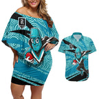 Port Adelaide Australian Football Couples Matching Off Shoulder Short Dress and Hawaiian Shirt Power Hero Mascot With Indigenous Pattern Art