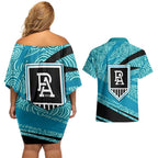 Port Adelaide Australian Football Couples Matching Off Shoulder Short Dress and Hawaiian Shirt Power Hero Mascot With Indigenous Pattern Art