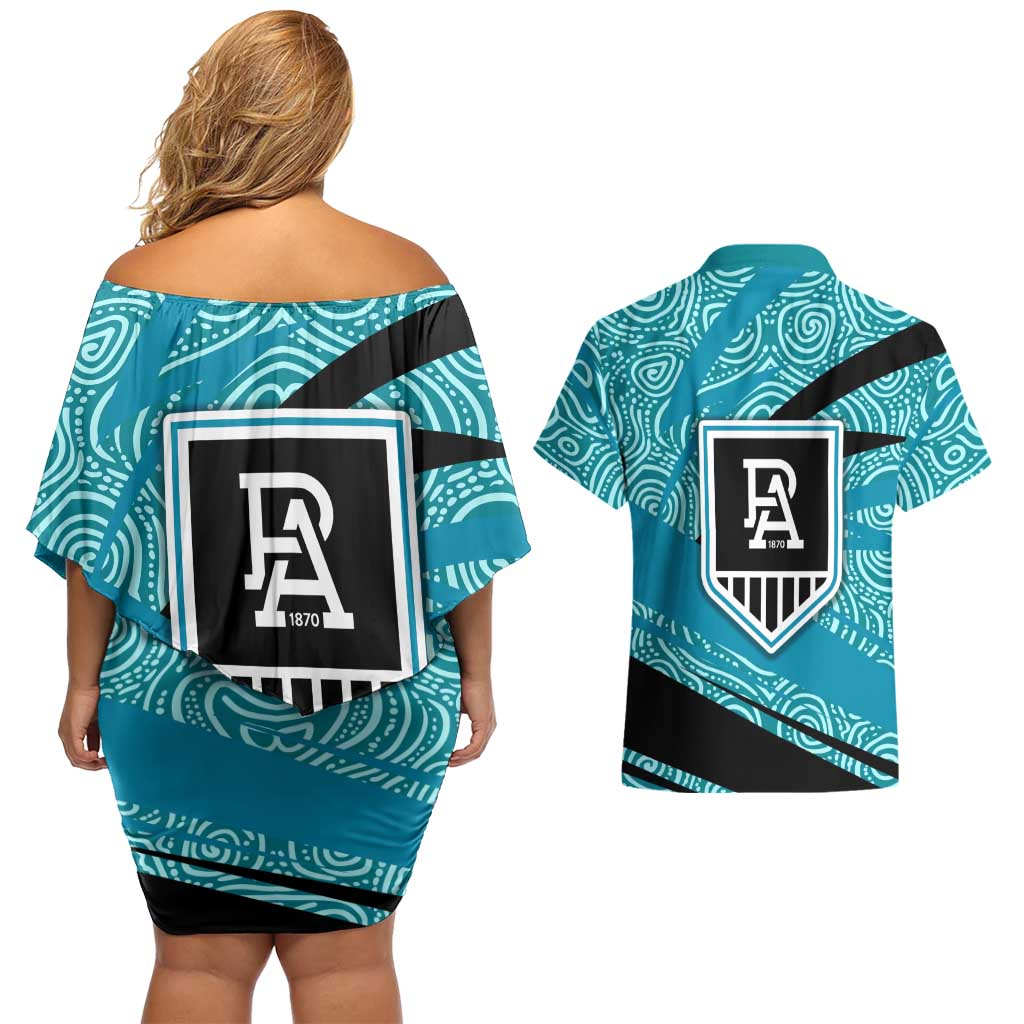Port Adelaide Australian Football Couples Matching Off Shoulder Short Dress and Hawaiian Shirt Power Hero Mascot With Indigenous Pattern Art