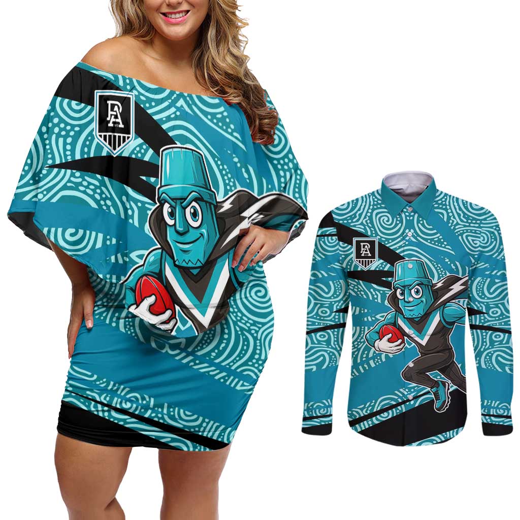Port Adelaide Australian Football Couples Matching Off Shoulder Short Dress and Long Sleeve Button Shirt Power Hero Mascot With Indigenous Pattern Art