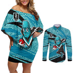 Port Adelaide Australian Football Couples Matching Off Shoulder Short Dress and Long Sleeve Button Shirt Power Hero Mascot With Indigenous Pattern Art
